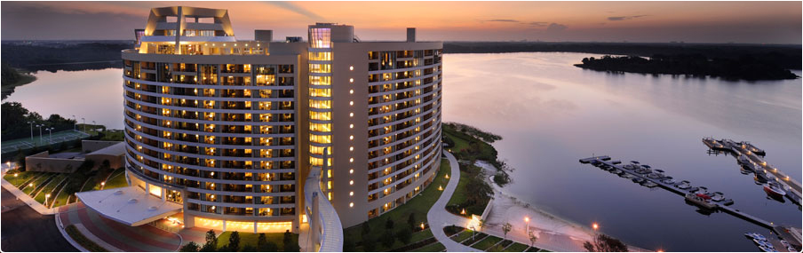 Bird's-eye view of Bay Lake Tower at Disney's Contemporary Resort at sunset