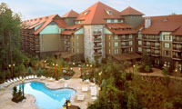 Bird's-eye view of the pool area behind The Villas at Disney's Wilderness Lodge